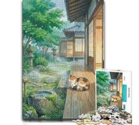 1000 Piece Jigsaw Puzzle for Adults, Cat in a Japanese Garden during Rain | A classic paper puzzle on Sunday afternoons for a satisfying challenge.
