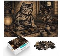 1000 Piece Jigsaw Puzzle for Adults, Cat pouring tea, woodcut style | For after-work downtime: Adult jigsaw puzzle with 1000 pieces; with the complete challenge to keep the challenge engaging.