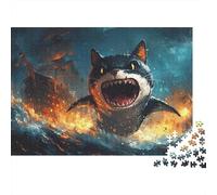 1000-Piece Jigsaw Puzzle for Adults, Cat Shark Attack, 52x38cm/1000pcs, Shared Puzzle Activity, Weekend Leisure And Couples And Families