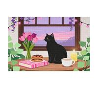 1000 Piece Jigsaw Puzzle for Adults Cat Sitting at Table with Coffee and Cake, Cozy Cafe Art Puzzle, Relaxing Animal Lover Gift, Completed Puzzle Size 30x20 in