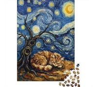 1000-Piece Jigsaw Puzzle for Adults, Cat Sleeping Under Starry Night Painting, 70x50cm/1000pcs, Smooth White Cardboard Pieces; for Relaxed Evenings at The Table