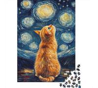 1000-Piece Jigsaw Puzzle for Adults, Cat Under Starry Skies -1, 52x38cm/1000pcs, Smooth White Cardboard Pieces; for Quiet Focus at Your Own Pace