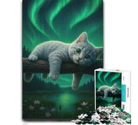 1000 Piece Jigsaw Puzzle for Adults, Cat under the Northern Lights | Enjoy a screen-free activity for adults on quiet evenings for screen-free time.