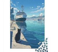 1000 Piece Jigsaw Puzzle for Adults, Cat watching a ferry in a harbor | For screen-free leisure: Adult jigsaw puzzle with 1000 pieces; with the complete challenge to keep the challenge engaging.
