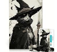 1000 Piece Jigsaw Puzzle for Adults Cat Witch with Staff in Forest Sharp Cut Craft Problem Solve Fun Idle Time Game Xmas Art Display (38x26cm)