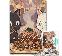 1000 Piece Jigsaw Puzzle for Adults, Cats Eating Takoyaki at Street Market | Enjoy a mindful activity for adults on calm nights for patient puzzling.