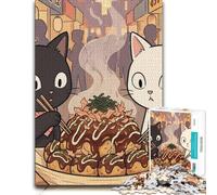 1000 Piece Jigsaw Puzzle for Adults, Cats Eating Takoyaki at Street Market | Enjoy a mindful activity for adults at weekends for calm focus.