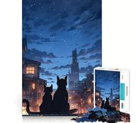 1000 Piece Jigsaw Puzzle for Adults Cats Gazing at City Nightscape Sharp Cut Craft Problem Solve Fun Idle Time Game Xmas Art Display (38x52cm)