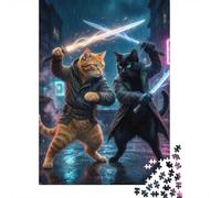 1000 Piece Jigsaw Puzzle for Adults, Cats with glowing swords in the rain