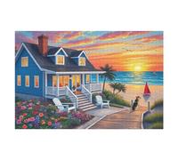 1000 Piece Jigsaw Puzzle for Adults Charming Beach House, Sailboat & Playful Dog Fun Perfection Game, Premium Puzzle for Relaxation, Family Activity or Gift (30x20 in)