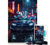 1000 Piece Jigsaw Puzzle for Adults Chevrolet Camaro in Neon City Rain Sharp Cut Craft Problem Solve Fun Idle Time Game Xmas Art Display (50x75cm)