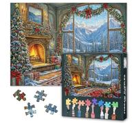 1000 Piece Jigsaw Puzzle for Adults Christmas Living Room Scene with Snowy Mountain View Cozy Window Jigsaw Puzzles Detailed Landscape Puzzles No Dust Durable Wall Decor50.5x70.5cm