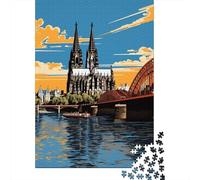 1000-Piece Jigsaw Puzzle for Adults, Cologne Cathedral Sunset-1, 52x38cm/1000pcs; A Calm After-work Activity; Low-dust White Cardboard Pieces