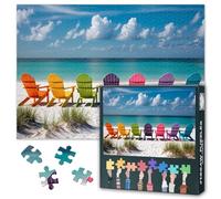 1000 Piece Jigsaw Puzzle for Adults Colorful Beach Chairs Ocean View Coastal Escape Puzzle Serene Summer Scene Large Format Jigsaw 27.5x19.7 Inch