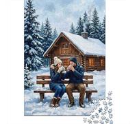 1000 Piece Jigsaw Puzzle for Adults, Couple Enjoying Hot Drinks in Snowy Cabin Setting, 52x38cm/1000pcs, Screen-Free Winter Activity, Home Relaxation And Cosy Evenings