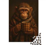 1000-Piece Jigsaw Puzzle for Adults, Cozy Monkey with Coffee, 38x26cm/1000pcs, Screen-Free Winter Activity, Weekend Downtime And Time at Home