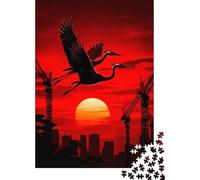1000 Piece Jigsaw Puzzle for Adults, Cranes Flying Over Cityscape at Sunset