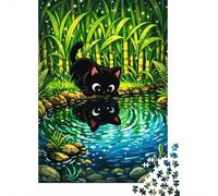 1000 Piece Jigsaw Puzzle for Adults, Cute Black Cat Looking at Reflection