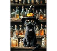 1000 Piece Jigsaw Puzzle for Adults, Cute Black Witch Cat with Orange Hat in Vintage Potion Shop, Stress Relief Art Puzzle for Cat Lovers, Ideal Gift for Birthdays & Special Occasions