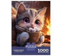 1000 Piece Jigsaw Puzzle for Adults, Cute Cat with Hot Chocolate Artwork, Premium Puzzle Challenge, for Puzzle Lovers, Premium Thick Cardboard, 52x38cm/1000pcs