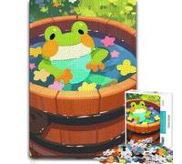 1000 Piece Jigsaw Puzzle for Adults, Cute Frog Bathing in Wooden Tub | Enjoy a indoor activity for adults during family time for screen-free time.