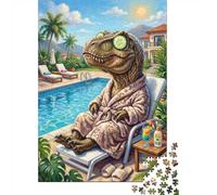 1000 Piece Jigsaw Puzzle for Adults, Dinosaur relaxing by the pool