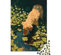 1000-Piece Jigsaw Puzzle for Adults, Dog Drinking from A Pond with Clover, 52x38cm/1000pcs, Idea, Winter Indoor Activity And Holiday Downtime