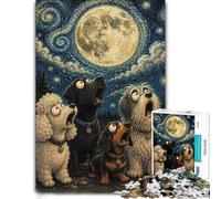 1000 Piece Jigsaw Puzzle for Adults, Dogs howling at a Van Gogh-style moon