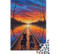 1000 Piece Jigsaw Puzzle for Adults, Dogs on Railroad Tracks at Sunset