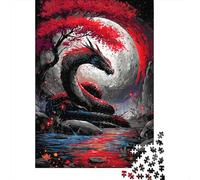 1000-Piece Jigsaw Puzzle for Adults, Dragon Under The Moon with Red Tree, 52x38cm/1000pcs, Shared Puzzle Activity, Quiet Home Time And Friends And Family