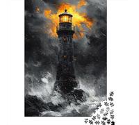 1000-Piece Jigsaw Puzzle for Adults, Dramatic Lighthouse Amidst Storm in Charcoal Style, 38x26cm/1000pcs, Screen-Free Family Time, Quiet Home Time And Weekend Downtime