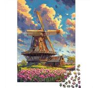 1000-Piece Jigsaw Puzzle for Adults, Dutch Windmill with Tulips-2, 38x26cm/1000pcs; Easy to Pause And Continue Later; Smooth White Cardboard Pieces