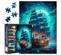 1000 Piece Jigsaw Puzzle for Adults Eerie Retro Ships Under Mysterious Green Moonlight Jigsaw Puzzles Haunting Seascape Paper Puzzles 50.5x70.5cm