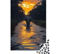 1000 Piece Jigsaw Puzzle for Adults, Elephant Crossing River at Sunset, 38x26cm/1000pcs, Shared Puzzle Activity, Quiet Home Time And Weekend Downtime
