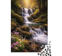 1000-Piece Jigsaw Puzzle for Adults, Enchanting Forest Waterfall with Wildflowers, 52x38cm/1000pcs, Winter Indoor Activity And Family Time at Home