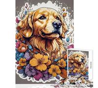 1000 Piece Jigsaw Puzzle for Adults Golden Retriever Flowers Brain Teaser Game Difficult Challenge Toy Wall Decor Enhance Love between Couples (38x26cm)