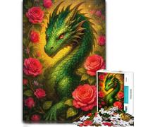 1000 Piece Jigsaw Puzzle for Adults, Green Dragon Surrounded by Red Roses | Choose a New Year puzzle activity during New Year family time for patient puzzling.