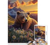 1000 Piece Jigsaw Puzzle for Adults Grizzly in Wildflowers at Sunset Fun Interactive Family Experience Wonderful Holiday Giftsing Choice (38x52cm)