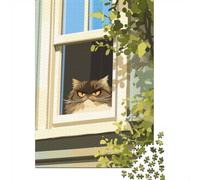 1000 Piece Jigsaw Puzzle for Adults, Grumpy Cat in Window Illustration