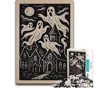 1000 Piece Jigsaw Puzzle for Adults, Haunted Houses and Ghosts Linocut Art | Choose a jigsaw challenge for adults around the table for screen-free time.