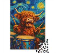 1000 Piece Jigsaw Puzzle for Adults, Highland Cow Drummer Van Gogh Style, 52x38cm/1000pcs, Puzzle Lover Present, Family Activity And Evening Downtime