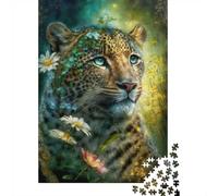 1000 Piece Jigsaw Puzzle for Adults, Leopard Blue Eyes Flowers