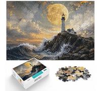 1000 Piece Jigsaw Puzzle for Adults, Lighthouse Stormy Sea Gold Moon | Adult jigsaw puzzle with 1000 pieces; fits long December evenings; for winter leisure at home with the complete challenge.