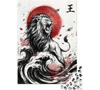 1000-Piece Jigsaw Puzzle for Adults, Lion Roaring Amidst Waves And Red Sun, 52x38cm/1000pcs, Relaxing Home Activity And Family Time at Home