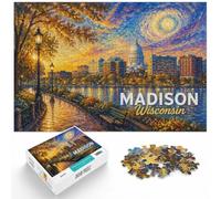 1000 Piece Jigsaw Puzzle for Adults, Madison Wisconsin Skyline Painting | As a Christmas gift idea, this adult jigsaw puzzle with 1000 pieces offers for the Christmas break.