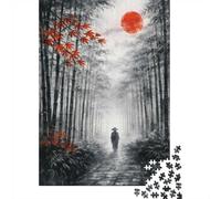1000-Piece Jigsaw Puzzle for Adults, Monk in Bamboo Forest with Red Sun, 52x38cm/1000pcs; A Rewarding Project to Return To; Smooth White Cardboard Pieces