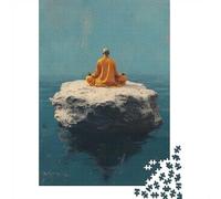 1000 Piece Jigsaw Puzzle for Adults, Monk meditating on a rock in the ocean