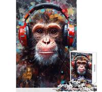 1000 Piece Jigsaw Puzzle for Adults Monkey with Headphones Brain Teaser Game Difficult Challenge Toy Wall Decor Enhance Love between Couples (38x52cm)