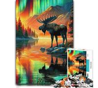 1000 Piece Jigsaw Puzzle for Adults, Moose by Lake Aurora Borealis | Enjoy a adult puzzle challenge on Sunday afternoons for relaxed downtime.