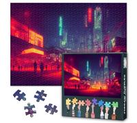 1000 Piece Jigsaw Puzzle for Adults Neon Glow Cyberpunk Street at Night Futuristic Cityscape Wall Art Modern Living Room Home Decor Large Size 27.5x19.7 Inch